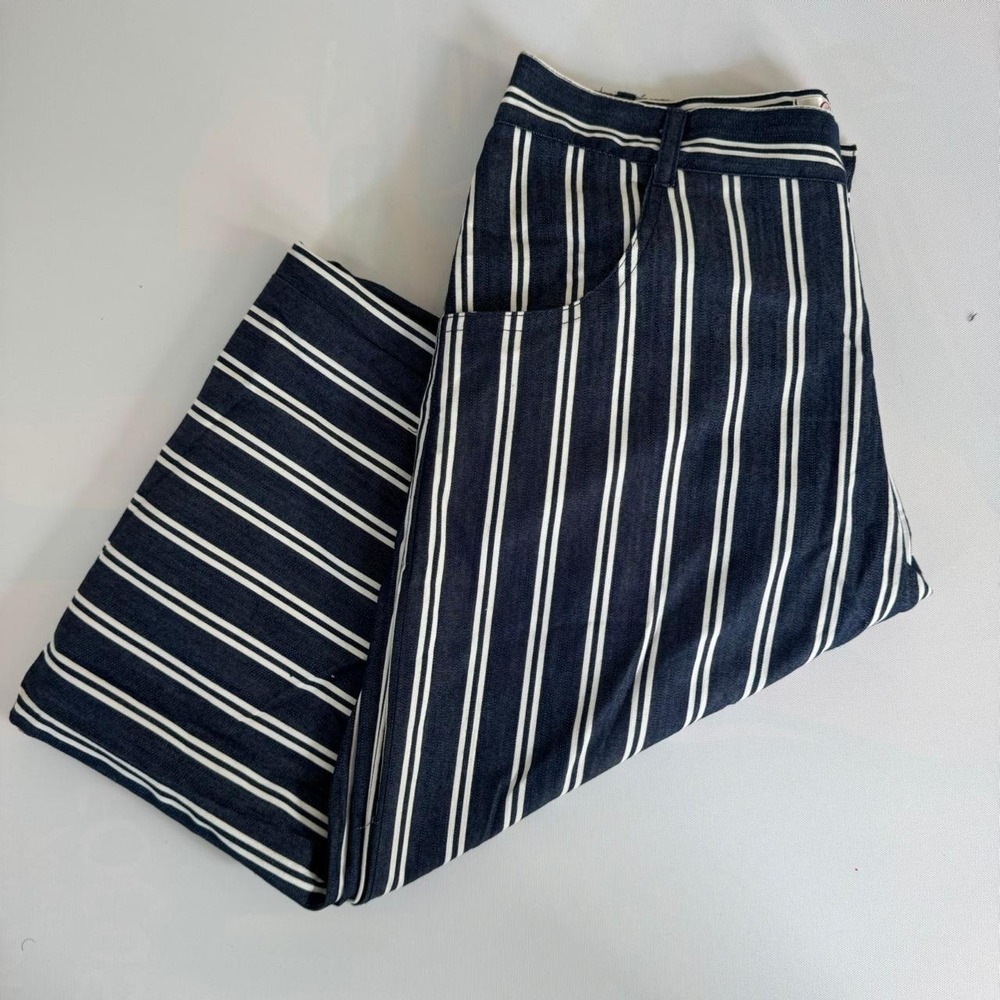 Chelbe Women Navy White Vertical Stripe High Waist Wide Leg Pants Size Small SS